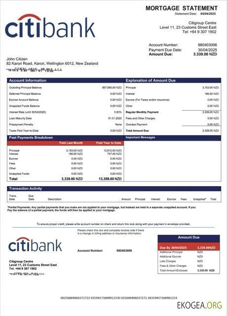 Modèle Word et PDF de relevé hypothécaire de la Citibank Nouvelle , Zélande de Nouvelle , Zélande